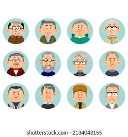 Embarrassed facial expression icons of 12 senior men