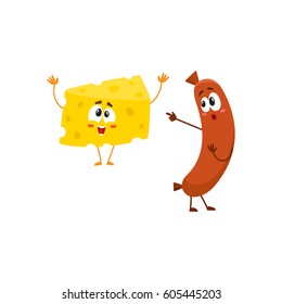 Embarrassed frankfurter sausage character pointing to funny cheese chunk, cartoon vector illustration isolated on white background. Funny cheese and sausage characters, mascots with human faces