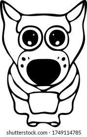The embarrassed and frightened wolf-dog with big eyes is drawn in a black line. The hand-drawn sketch is in a cartoon, graphic, engraved style. Vector isolated illustration.