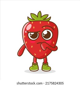 Embarrassed funny strawberry. Cute cartoon emoji character vector Illustration. Cartoon Confused Strawberry Character