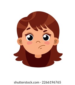 Embarrassed girl head for animation. Charming character thinks, puzzled person. Thoughtfulness and logical processes, naughty schoolgirl. Cartoon flat vector illustration
