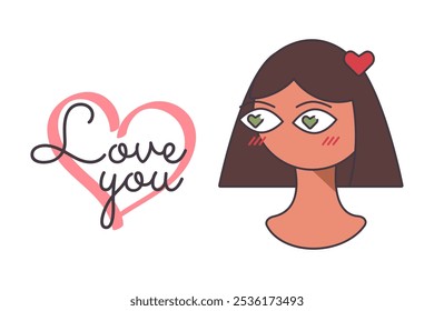 Embarrassed Girl in love. Handwritten text Love you with my Heart. Declaration sympathy. Valentine day card. Portrait young Woman with bob. Head avatar brown-haired. Flat design. Vector illustration.