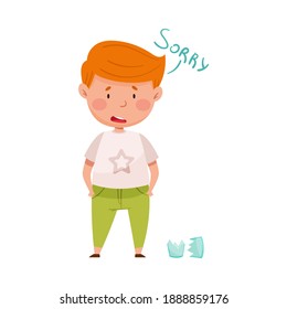 Embarrassed Little Boy with Guilty Look Demonstrating Sorrow and Begging Pardon for Broken Glass Vector Illustration