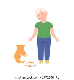 Embarrassed Little Boy With Guilty Look Demonstrating Sorrow For Broken Vase Vector Illustration