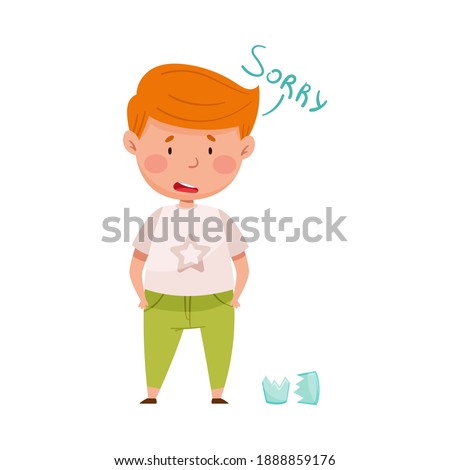 Embarrassed Little Boy with Guilty Look Demonstrating Sorrow and Begging Pardon for Broken Glass Vector Illustration