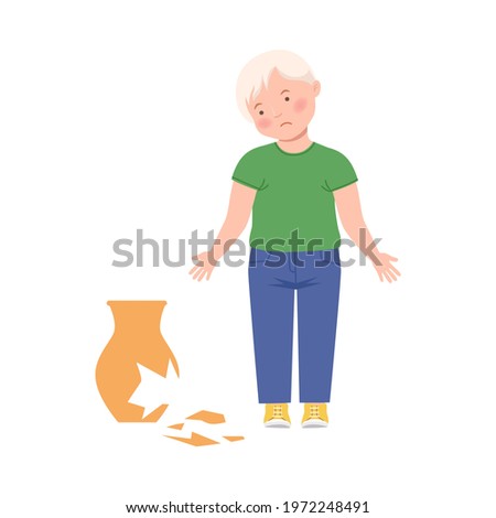 Embarrassed Little Boy with Guilty Look Demonstrating Sorrow for Broken Vase Vector Illustration