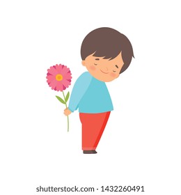 Embarrassed Little Boy Hiding Flower Behind His Back Cartoon Vector Illustration