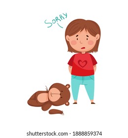 Embarrassed Little Girl with Guilty Look Demonstrating Sorrow and Begging Pardon for Ripped Bear Toy Vector Illustration