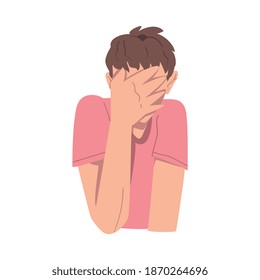 Embarrassed Man Covering his Face with Hand, Regretful Person Sorry, Apologizing and Admitting Her Guilt Cartoon Style Vector Illustration