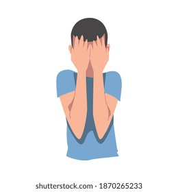 Embarrassed Man Covering his Face with Hands, Regretful Person with Clasped Hands Cartoon Style Vector Illustration