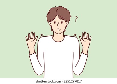 Embarrassed man discouraged raises hands up not understanding what is happening shows that is not guilty. Puzzled guy shrugging hands as sign lack options for solving problem. Flat vector design