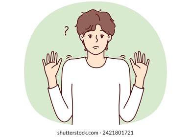 Embarrassed man discouraged raises hands up not understanding what is happening shows that is not guilty. Puzzled guy shrugging hands as sign lack options for solving problem. Flat vector design