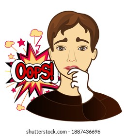 emoticono de hombre avergonzado diciendo oops, ilustración vectorial con letras en estilo retro cómico con relámpago, estrellas y nubes, personaje de caricatura, icono dibujado a mano
