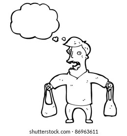 embarrassed man holding handbags