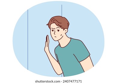 Embarrassed man leaned against door wanting to eavesdrop on someone else secret or hear conversations of people behind wall. Thoughtful guy in t-shirt spying on neighbors. Flat vector image