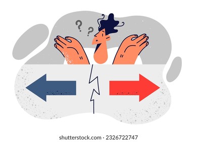 Embarrassed man spreads arms and tries to make decision standing near two arrows pointing in different directions. Metaphor crossroads when drawing up plan and need to urgently take decision