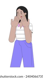Embarrassed middle eastern young adult woman 2D linear cartoon character. Arab happy girl isolated line vector person white background. Expressing positive emotion color flat spot illustration