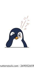 Embarrassed penguin covers eyes with paw and blushes.