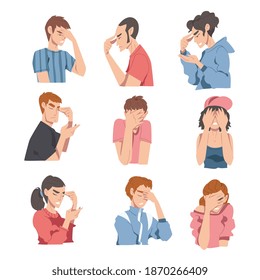 Embarrassed People Set, Regretful Persons Sorry and Apologizing Cartoon Style Vector Illustration