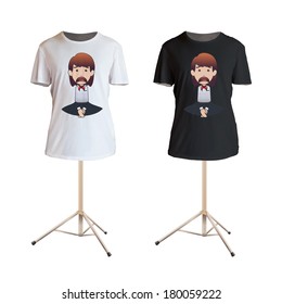 Embarrassed redhead girl holding printed on shirt. Vector design.