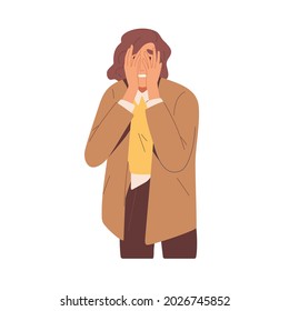 Embarrassed shy woman hiding face with hands. Upset person in despair feeling stress and shame after mistake and fail. Colored flat vector illustration of ashamed human isolated on white background
