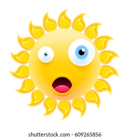Embarrassed Sun Emoticon with Open Mouth. Shocked Sun Emoji with Two Different Eyes. Isolated Vector Illustration on White Background