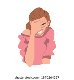 Embarrassed Woman Covering her Face with Hand, Regretful Person Character Cartoon Style Vector Illustration