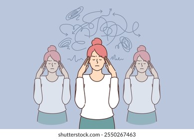 Embarrassed woman feels chaos in thoughts and grabs head with hand, trying to come to senses. Problems of chaos in head due to psychological disorder and memory impairment caused by stress