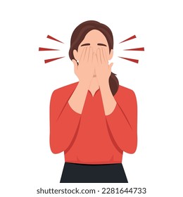 Embarrassed woman hiding her face out of shame. Shy person regret smth. and covering her eyes with palms. Unhappy female feeling frustration. Flat vector illustration isolated on white background