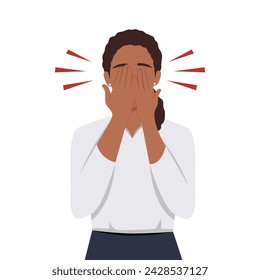 Embarrassed woman hiding her face out of shame. Shy person regret smth. and covering her eyes with palms. Unhappy female feeling frustration. Flat vector illustration isolated on white background