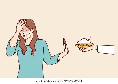 Embarrassed woman makes stop gesture rejecting proposed sugar that can harm health. girl touches forehead with hand trying to avoid eating sweety foods for dieting. Flat vector illustration