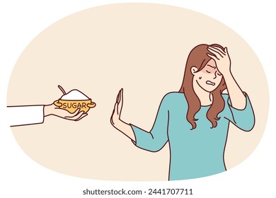 Embarrassed woman makes stop gesture rejecting proposed sugar that can harm health. girl touches forehead with hand trying to avoid eating sweety foods for dieting. Flat vector illustration