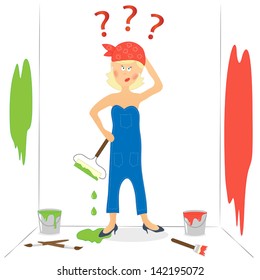 Embarrassed woman in new apartment while doing renovation herself