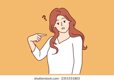 Embarrassed woman points finger at herself and looks puzzled at screen after hearing strange question. Embarrassed girl feels awkward because of incorrect statement or accusation against her