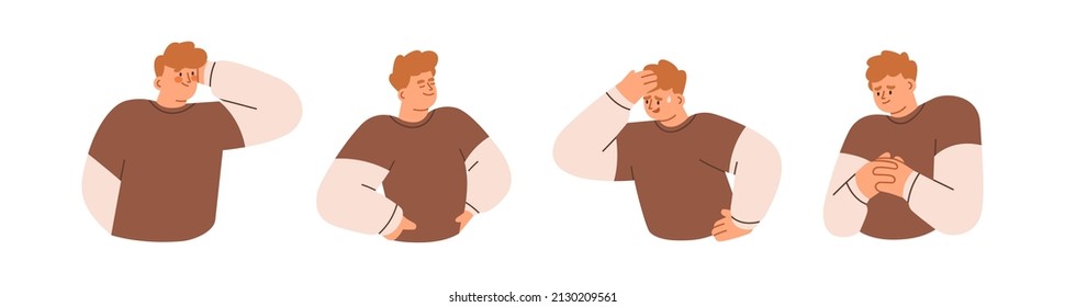 Embarrassed, worried, guilty and proud men set. Person with different emotions and feelings. Confident, concerned and nervous people portraits. Flat vector illustration isolated on white background