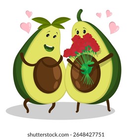 Embarrassed young avocado guy gives a bouquet of red flowers to his lover. Gives flowers on anniversary of relationship. Cartoon vector isolated on white background
