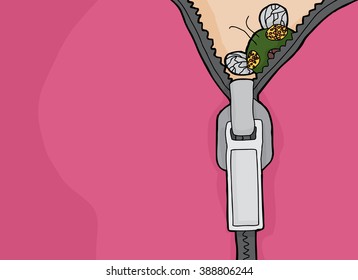 Embarrassing fly hiding inside open zipper cartoon