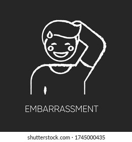 Embarrassment chalk white icon on black background. Man acting shy. Feeling of humiliation. Self conscious behaviour. Nervous from modesty. Moral emotion. Isolated vector chalkboard illustration