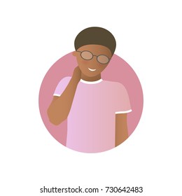 Embarrassment expression, black man shy, timid. Flat gradient vector icon