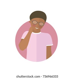 Embarrassment expression, black man shy. Flat vector icon