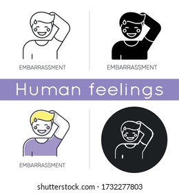 Embarrassment icon. Man acting shy. Feeling of humiliation. Self conscious behaviour. Nervous from modesty. Person blush and sweat. Linear black and RGB color styles. Isolated vector illustrations