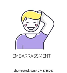 Embarrassment RGB color icon. Man acting shy. Feeling of humiliation. Self conscious behaviour. Nervous from modesty. Person blush and sweat. Moral emotion. Isolated vector illustration