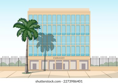 Edificio de embajada con palmera y sombra en la ilustración del vector de fachada. Concepto del síndrome de La Habana.