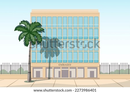 Embassy building with palm tree and shadow on the facade vector illustration. Havana syndrome concept.