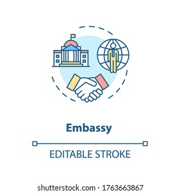 Icono de concepto de embajada. Ilustración en línea delgada de la idea de misión diplomática. Relaciones internacionales. Asociación con países extranjeros. Dibujo de color RGB con contorno aislado del vector. Trazo editable