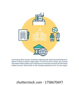 Icono de concepto de embajada con texto. Documento jurídico oficial para la inmigración. Aprobación de visa. Plantilla vectorial de página PPT. Folleto, revista, elemento de diseño de folletos con ilustraciones lineales