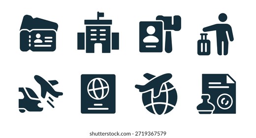 Embajada excelente icono de colección. Conjunto de edificio de la embajada, documento de pasaporte, verificación de identidad, asistencia al viajero, vuelo internacional, sello oficial, pasaporte global, iconos de Aprobación fronteriza