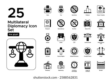 Embassy and Foreign Affairs Services. International Cooperation, Politics, and Global Strategy. Vector Illustration. Solid line icon set