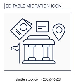 Embassy line icon. Relocation citizens. New passport and documents in different states. Government help. Migration concept. Isolated vector illustration. Editable stroke