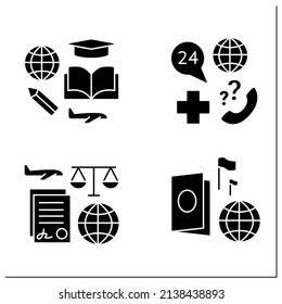 Embassy Service Glyph Icons Set. Student Visa, Notary Services, Passport, Medical Support. Diplomatic Mission Concept.Filled Flat Signs. Isolated Silhouette Vector Illustrations